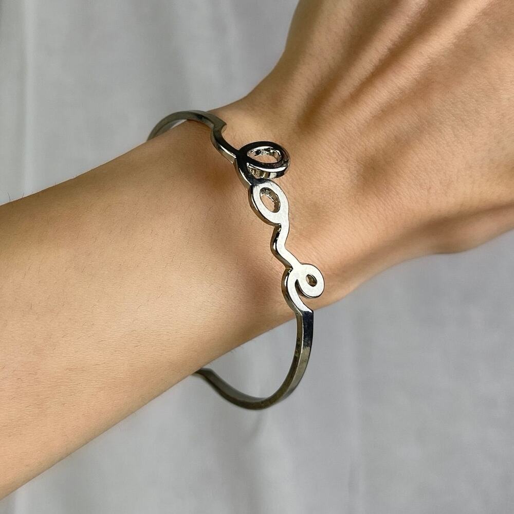 Dainty Silver Tone LOVE Cursive Bangle Bracelet Minimalist Romantic Boho NWOT
